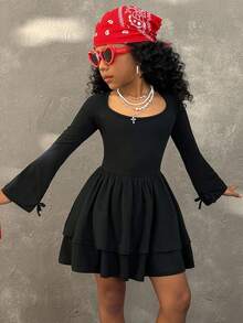 Coolane Kids Tween Mädchen Teenager Herbst Winter, Streetwear, süße Party, schwarzes bequemes Trompetenärmel einfarbiges mehrschichtiges Kuchen Langarm Kleid, Halloween Weihnachtsparty Kleid, Neujahr