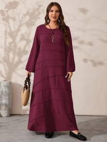EMERY ROSE Plus Size Women's Solid Color Round Neck Long Lantern Sleeve Loose Casual Dress - Burgundy - View 1