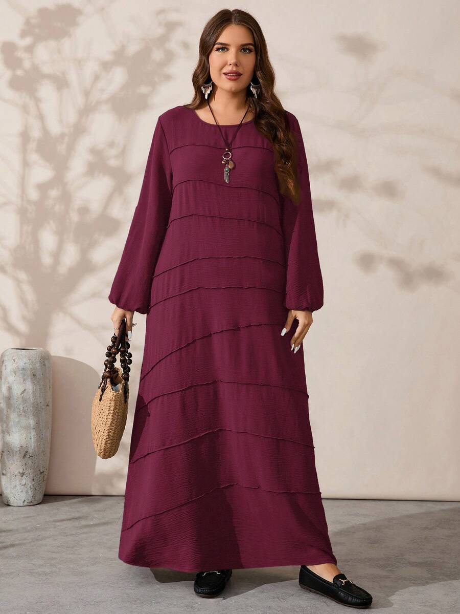 EMERY ROSE Plus Size Women's Solid Color Round Neck Long Lantern Sleeve Loose Casual Dress - Burgundy - View 1