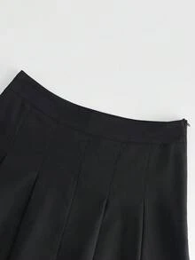 Modelyn 优雅高腰百褶中裙，时尚百搭 - 黑色 - 查看 3