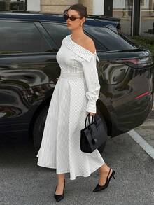 Siren Gaze Women's Autumn Fall Clothes For Women 2025 New Elegant Old Money Style Off-Shoulder White Striped Print Asymmetric Shirt Dress, Casual Luxury Long A-Line Dress With Waistband For Party, Wedding, Work, Commute, Daily Outings, Halloween, Christmas, New Year Bride Formal Elegant White Dress Wedding Guest White Striped Midi Dress Casual Midi Dress White Long Dress One Shoulder Long Sleeve Dress Winter Chic