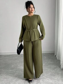 Elenzga Plus Size Women's Elegant French Romantic Office Commute Casual Vintage Middle Eastern Style Crew Neck Crossover Waist Metal Buckle Decor Long Sleeve Shirt + Loose Wide Leg Pants/Trousers Two Pieces Set, Suitable For Office, Street, Afternoon Tea, Party, Thanksgiving Blouse And Pants Set Modest Two Piece Set 2 Piece Casual Sets Woman Two Piece Set Women Elegant Olive Green Outfit Women - Army Green - View 6