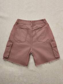 SHEIN LUNE 女式休闲磨边口袋牛仔短裤 - 卡其色 - 查看 2