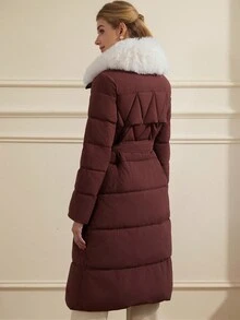 GENKIRA Fashionable Versatile Waist Belt Slim Fit Detachable Faux Fur Collar Padded Coat For Women - Red - View 2