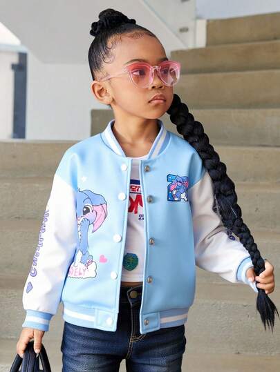 年轻女孩字母卡通印花长袖休闲棒球夹克，适合日常休闲穿着、户外活动、秋冬