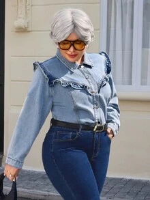 EMERY ROSE Damen Große Größen Vintage Washed Jeans Bluse, Herbst/Winter - Helle Waschung - Übersicht 5