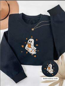 INAWLY Sudadera bordada con libro espeluznante de Halloween, sudadera con libro espeluznante, sudadera de cuello redondo de otoño, sudadera para amantes de los libros, Halloween lindo, regalo de otoño de Halloween, sudadera de cuello redondo con patrón bordado para mujer - Azul Marino - Ver 3