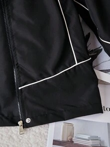 SHEIN 女童休闲百搭连帽外套，黑色配白色绳带装饰，松紧袖口，银色按扣，适合上学、通勤、郊游、运动，可搭配长袖上衣和裤子 - 黑色 - 查看 7