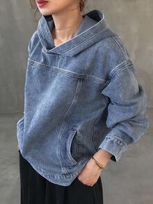 FRIFUL 女士宽松休闲连帽牛仔夹克 - 藍色 - 查看 6