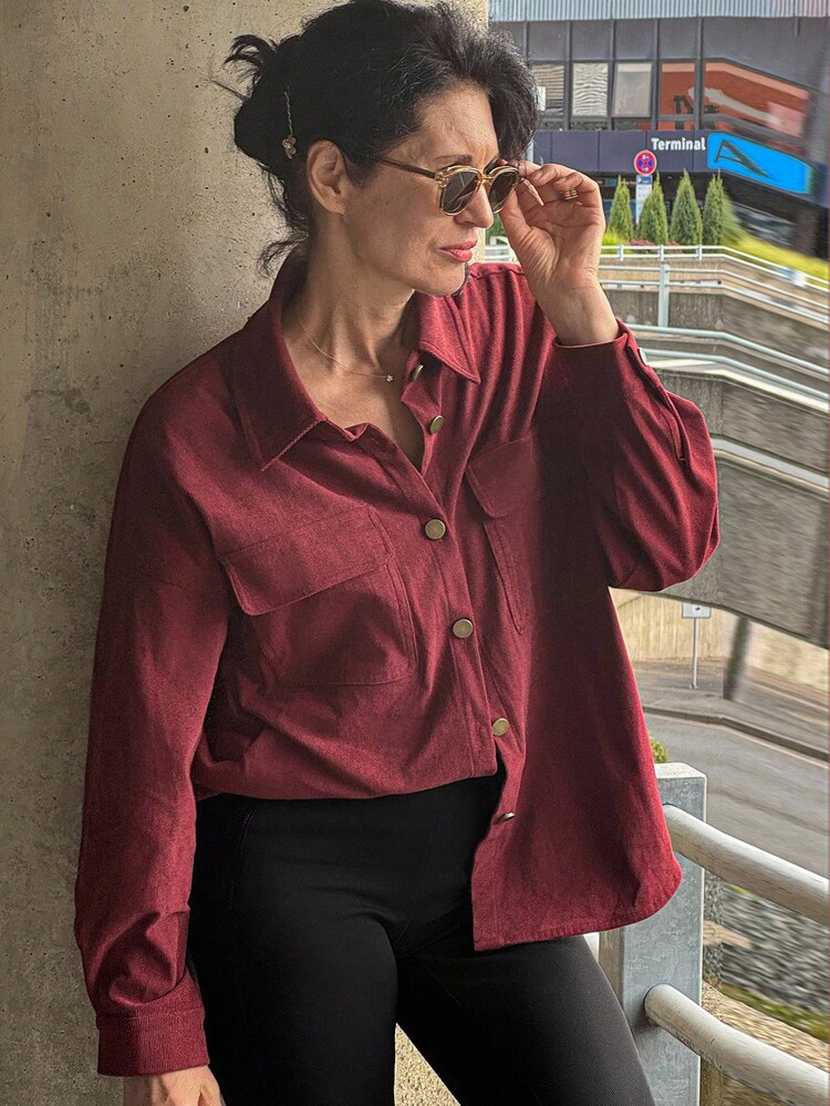 Vivie Lora 女款燈芯絨寬鬆版型襯衫外套，休閒度假夾克 - 粉色 - 查看 2