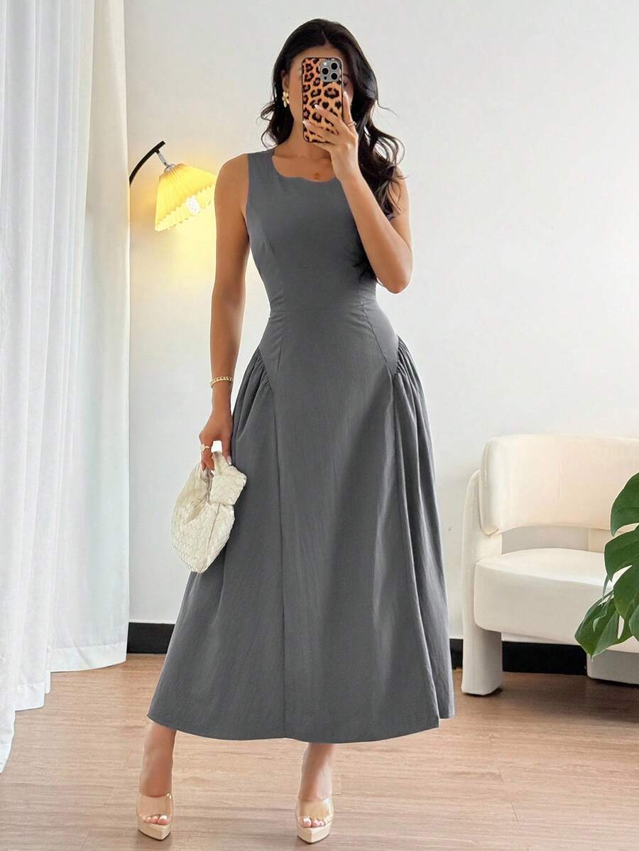 DAZY Vestido de línea A de longitud media con cuello redondo y espalda descubierta para mujer