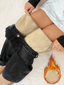 SHEIN PETITE Autumn/Winter Women's Thermal Lined Low Waist Pockets Wide Leg Loose Casual Jeans,Going Out Chic Winter-Warm Khaki Fleece-Lined Black Denim Jeans,Black Jeans