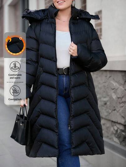 EURMUSE Plus Size Kvinnors Zip Up Fuzzy Trim Hooded Puffer Coat, för vintern