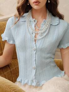 SHEIN Unity Cardigan Rajut Slim-Fit Elegan untuk Wanita, Biru Muda, Musim Gugur, Kencan Malam, Desain Gelombang, Kerah Berkerut, Lengan Pendek, Kancing Mutiara, Ringan, Musim Panas - Baby Blue - View 3