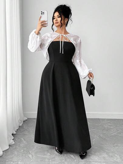 Elenzga Eabrace Your Inner Shadow I Dark Feminine Fashion (Wednesday Aesthetic) Bộ 2 món váy ôm màu đen, tay dài cắt cúp thêu tối giản cỡ lớn dành cho nữ