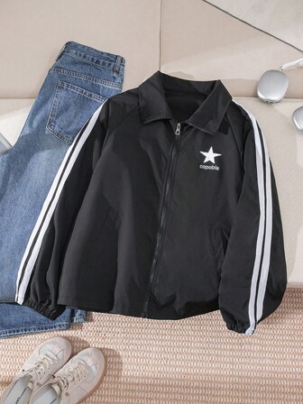 青少年/女孩休闲街头时尚修身时尚贴身星星印花拉链立领夹克，适合户外活动、徒步旅行、派对、春秋季