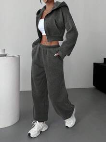 SHEIN EZwear 女款深灰色秋季休閒健身兩件套針織連帽短版拉鍊衛衣，落肩長袖搭配同色長褲 - 深灰色 - 查看 5