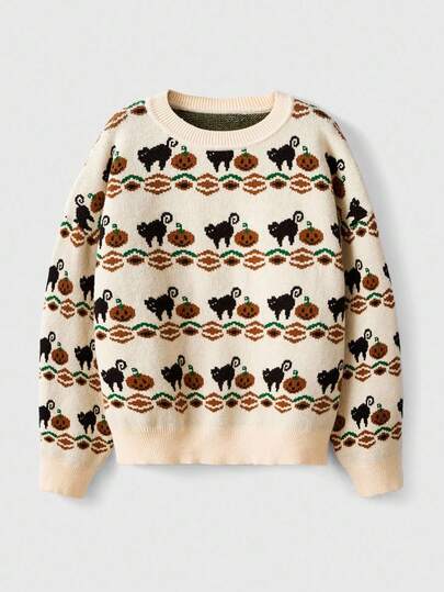 Fairycore Maglione oversize con grafica di zucche e gatti per Ognissanti, maglione a maniche lunghe in maglia per donna, adatto per l'autunno/inverno e le vacanze