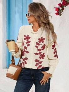 Vivid Eden Symmetrical Floral Embroidered Long Sleeve Blouse With Lace Trim For Women - White - View 1