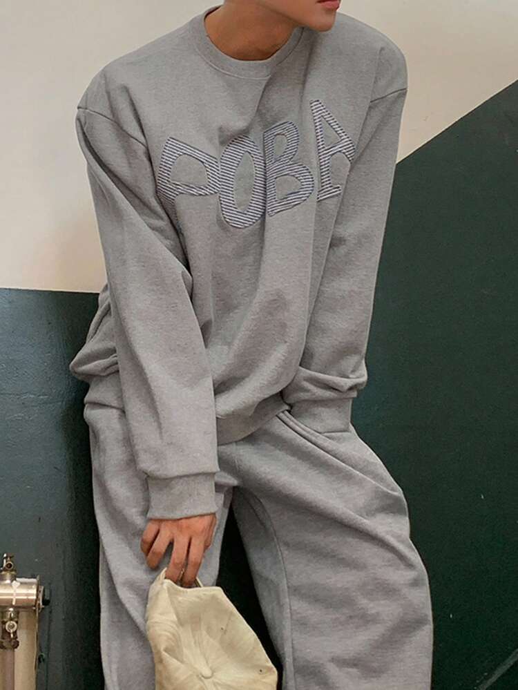 Men's Applique Embroidered Drawstring Sweatpants And Pullover Sweatshirt Set, Autumn/Winter