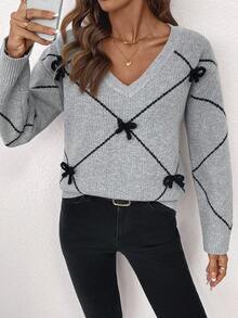 Editum Women's V-Neck Long Sleeve Loose Gray/Black Bow Elegant Everyday Pullover Sweater, Autumn/Winter,Fall Spring Summer Elegant - Grey - View 15