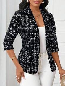SHEIN Lady Women's Plaid Lapel Neck3/4 Sleeve Single-Breasted Casual Blazer Jacket, Autumn - Multicolor - View 3