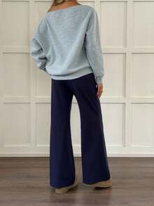 SHEIN Teen Girls Off-Shoulder Letter Print Sweatshirt And Flare Leg Pants Set, Autumn/Winter Outfit Fall - Multicolor - View 2