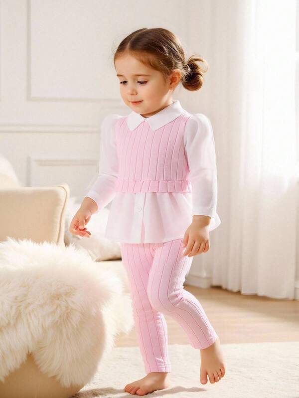 Souflis Souflis Baby Mädchen Mode geripptes Patchwork Langarm Hemd mit Kragen und gerippte rosa Hose Set