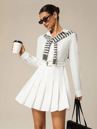 Hanevo 女式长袖翻领纽扣腰可调节休闲连衣裙，适合通勤、休闲和外出，秋冬季基本款分层连衣裙