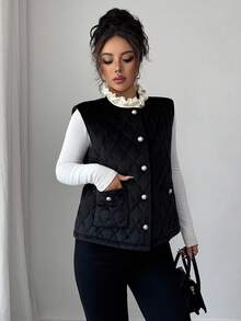 SHEIN Elenzya 女士天鹅绒绗缝无袖背心夹克，优雅适合日常通勤、商务、法式浪漫约会、派对、圣诞节、秋冬，黑色和米色拼色衬垫背心 - 彩色 - 查看 5