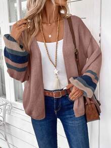 EMERY ROSE Plus Size Women's Casual Colorblock Striped Pattern Drop Shoulder Loose Lantern Sleeve Open Front Cardigan, Autumn