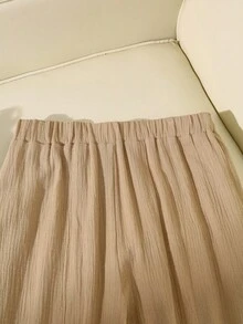 Lacomfia 加大码皱褶面料弹性腰部宽松休闲日常百搭直腿拼布蕾丝花边卡其裤 - 卡其色 - 查看 3