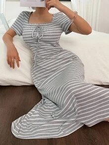 Dream Adore 女式休闲条纹针织褶饰方领长裙家居服夏装女式夏装条纹休闲裙女式条纹裙休闲裙 - 淺灰色 - 查看 2