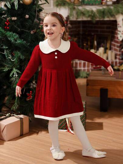 SHEIN 年轻女孩休闲时尚可爱红领针织毛衣裙，柔软舒适，适合日常、户外、旅行、度假、居家、日托、儿童玩耍、圣诞节、返校、派对穿着