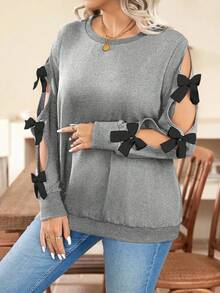 SHEIN Clasi Plus Size Crew Neck Fashion Bow Decor Hollow Out Long Sleeve Casual Sweatshirt, Pullover Fall Winter Autumn - Grey - View 7