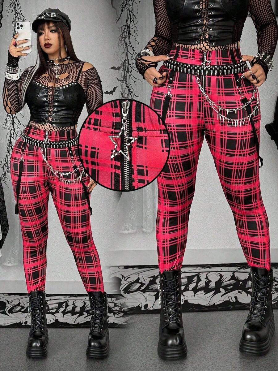 SHEIN Whyspr Grunge Punk Plus Size Women Punk Plaid Print Dark Style Leggings - Multicolor - View 1
