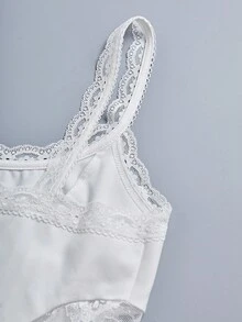 INAWLY Women's Summer Solid Color Splice Lace Asymmetrical Hem Slim Fit Camisole Cami Top - White - View 3