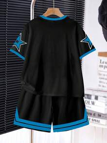 SHEIN 2 件青少年男孩休闲经典酷棒球运动风格，88 号，哥特式芝加哥文字，星星印花短袖圆领 T 恤和短裤套装，适合夏季 - 彩色 - 查看 3