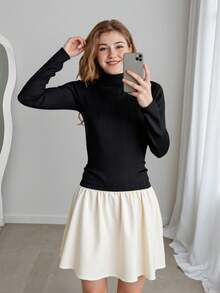 SHEIN Elegant Commuter Dress With Turtleneck Long Sleeve Black Top And Contrast Pleated Skirt, For Teen Girls Fall Winter - Black - View 3
