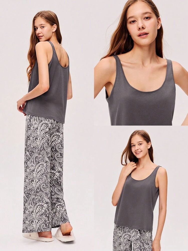夏用 ブラック エアリー ソフト 100%コットン ベーシックタンクトップ&柄パンツ ルームウェア エアリーパジャマセット レディース ポケット付きパンツ アウターウェアとしても着用可能なランジェリー ルームウェアセット レディース コットンパジャマ