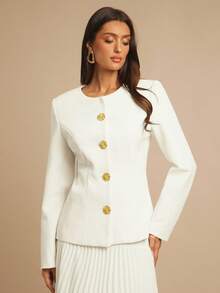 Silquee 女士优雅通勤纯色褶边连衣裙 - 米色 - 查看 5