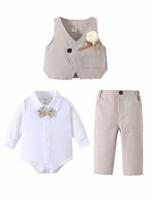 SHEIN Set 3 piese ținută pentru bebeluși și băieți, salopă albă cu mânecă lungă, vestă și pantaloni gri-bej, stil britanic confortabil, clasic, retro, elegant, drăguț și chic, potrivit pentru interior, exterior, zi de zi, sport, joacă, petrecere, ședință foto, sărbători, festivaluri, nunți, petrecere pentru copii, Crăciun - Multicolor - Vizualizare 3