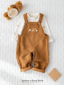 Cozy Pixies 2 件套男婴驯鹿卡通图案针织柔软圆领长袖套头衫和棕色调围兜工装裤套装 - 卡其色 - 查看 6