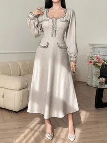 DAZY 女士流苏拼接方领长款A字优雅连衣裙 - 米色 - 查看 2