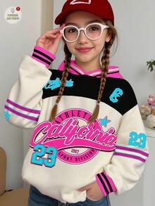 SHEIN Leap Crew Tween Girl Casual Retro Letter & Number Badge Graphic Loose Fit Sweatshirt,Sporty College Style Beige Autumn Streetwear School Back-To-School Y2k - Multicolor - View 2