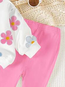 SHEIN 1 Set Baby Girls Casual Floral Print Crew Neck Sweatshirt Hoodie And Flare Pants Outfit, Pink, Autumn/Winter Fall - Multicolor - View 6