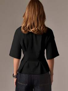 AiiRZ 棉质优雅荷叶边 T 恤，配有和服袖，现代办公室剪裁腰部及肘长飘袖专业工作服 - 黑色 - 查看 2