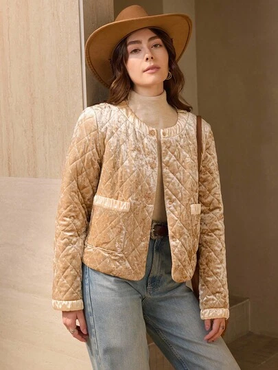 Wildy Women's Casual Street Style Velvet Padded Coat, Christmas & New Year Party Wear, Shiny Velvet Jacket Autumn Winter Clothes For Women