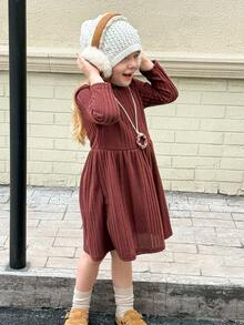 SHEIN Playful Pals Young Girl' Casual Versatile Ribbed Fabric High Neck Elastic Waist Flared Long Sleeve Dress, Autumn/Winter Fall - Brown - View 5