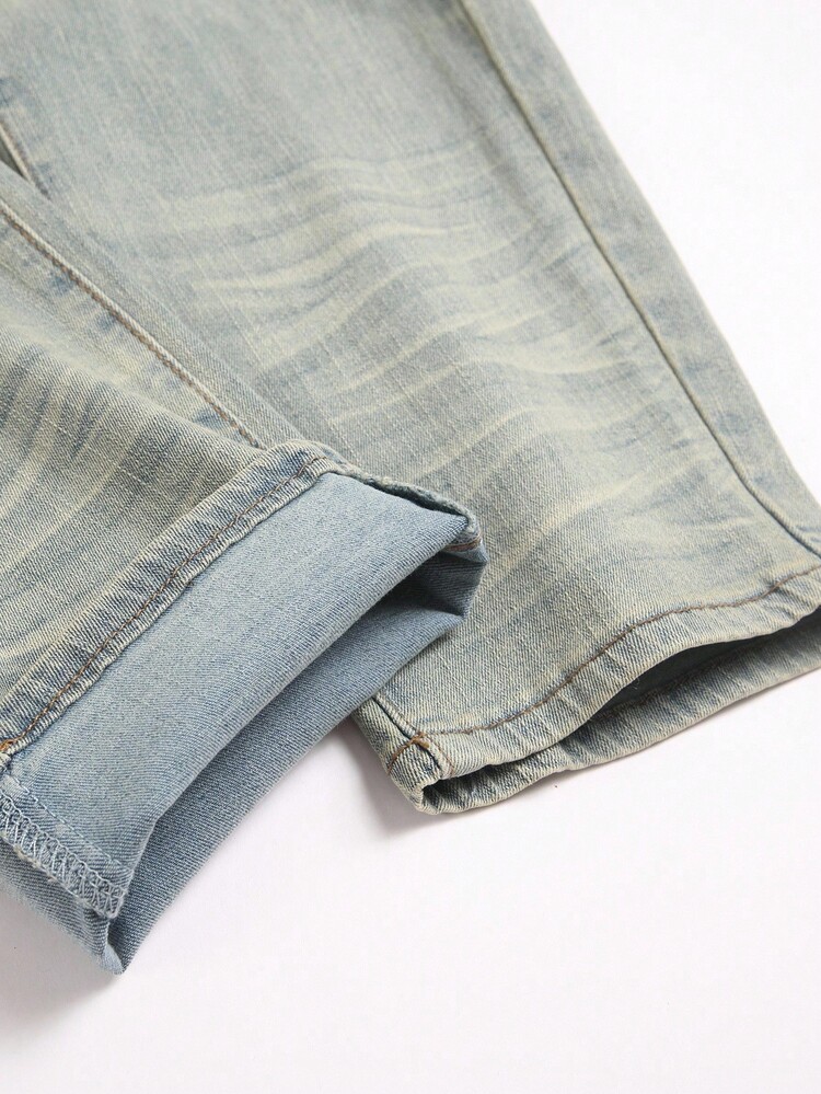 Manfinity Roughcore 大码男士浅蓝色复古做旧紧身牛仔裤 - 淺色水洗藍 - 查看 4